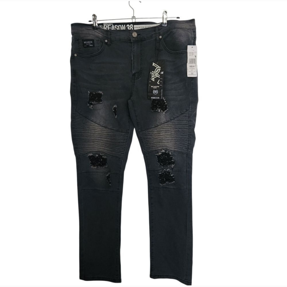 Reason Men's Dark Gray Highly Distressed Textured Jeans Straight Leg Size 38